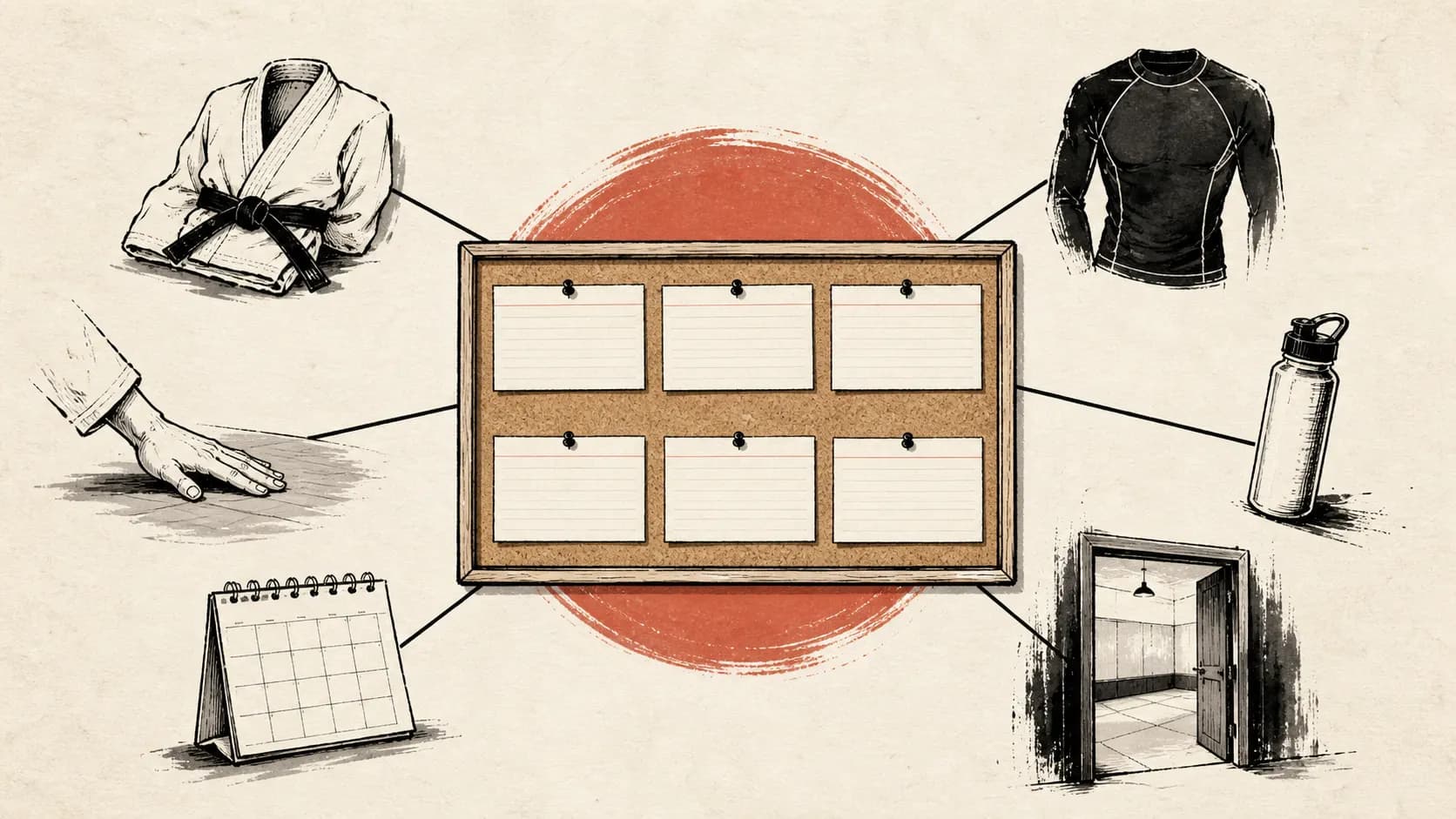 Editorial research board with six neutral cards for gear, tapping, water, scheduling, and arriving at a gym.