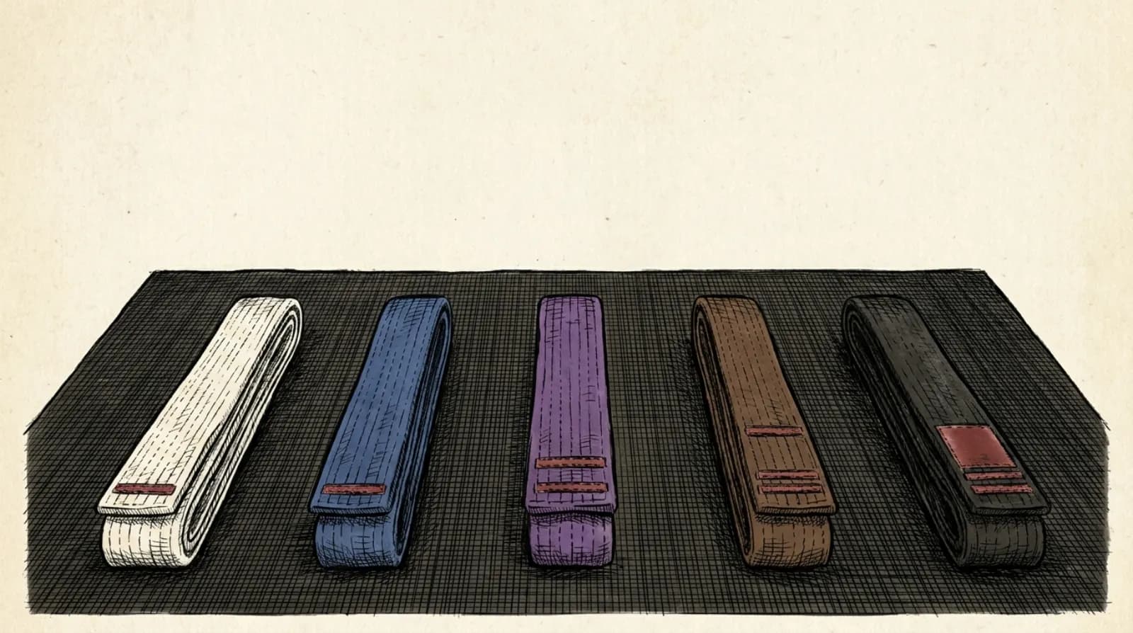 Ink illustration of five folded Brazilian jiu jitsu belts laid out on a mat in rank order: white, blue, purple, brown, and black.