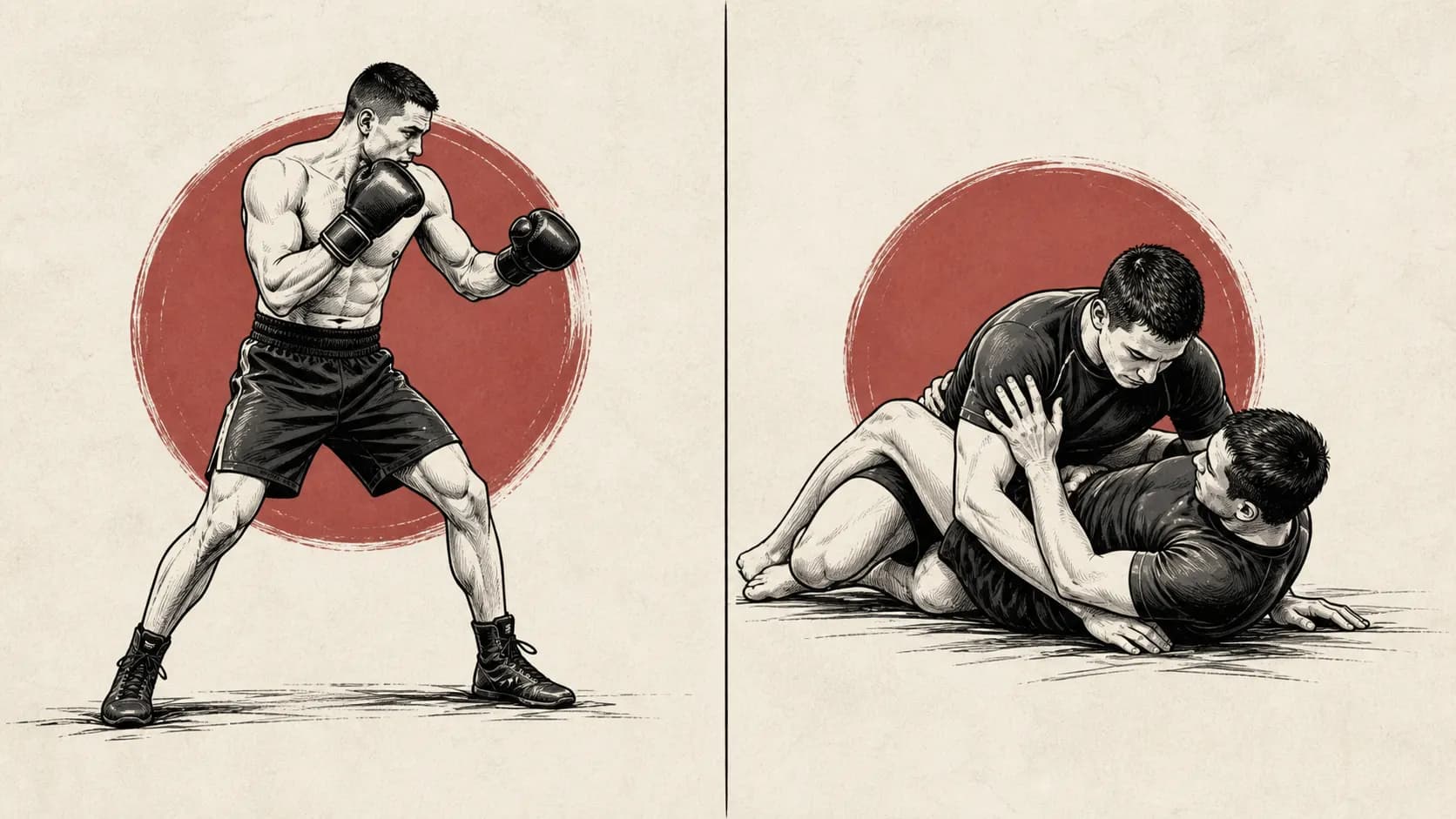Neutral split illustration of boxing at striking range and BJJ grappling on the mat.