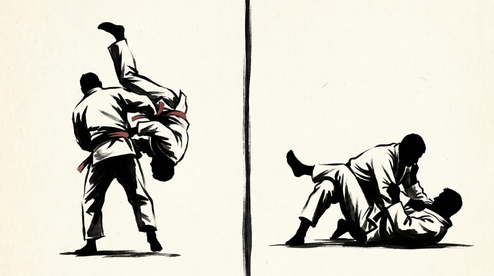 Split ink illustration: a judo throw at its apex on the left, two grapplers working a ground exchange on the mat on the right.