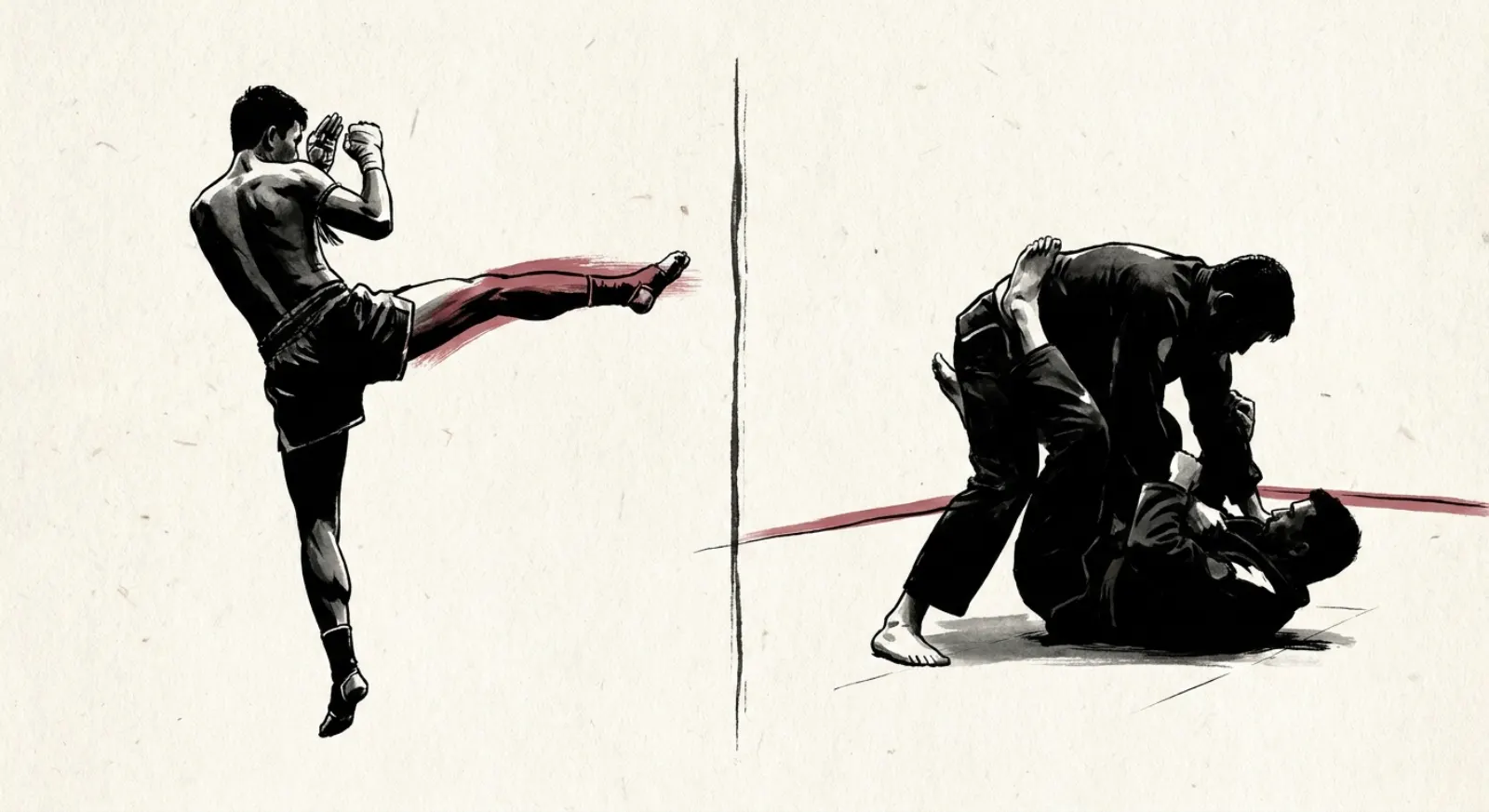 Split ink illustration: a Muay Thai fighter mid round kick on the left, two jiu jitsu grapplers in a ground exchange on the mat on the right.