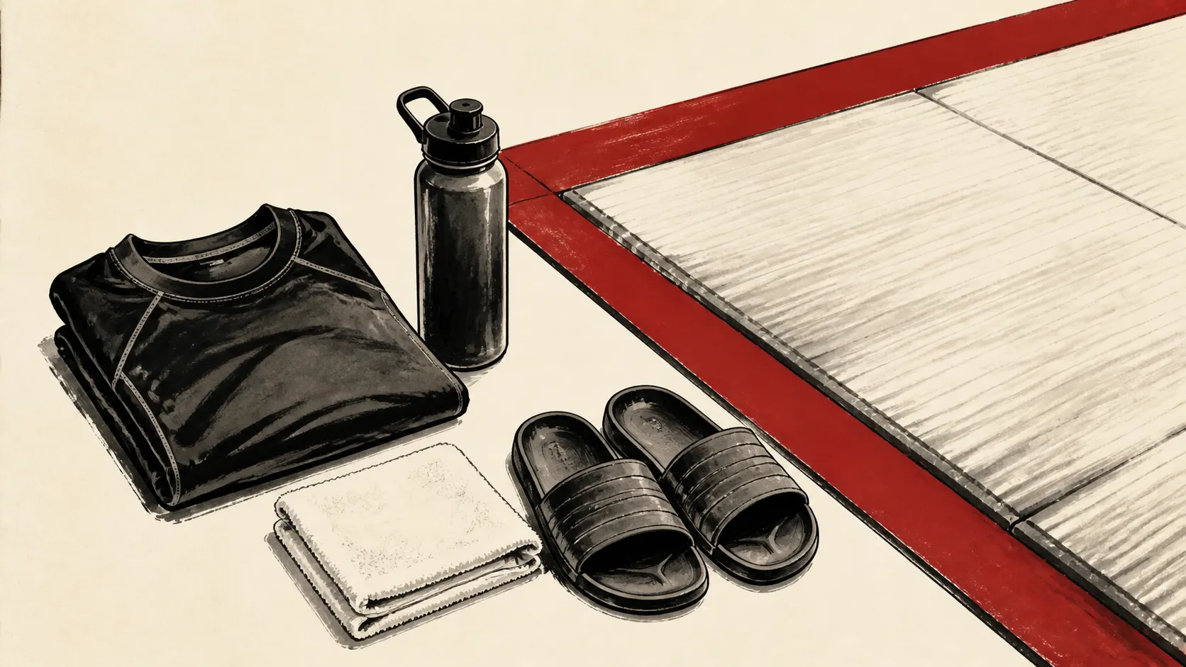 Fitted training clothes, a water bottle, sandals, and a towel arranged beside a grappling mat.