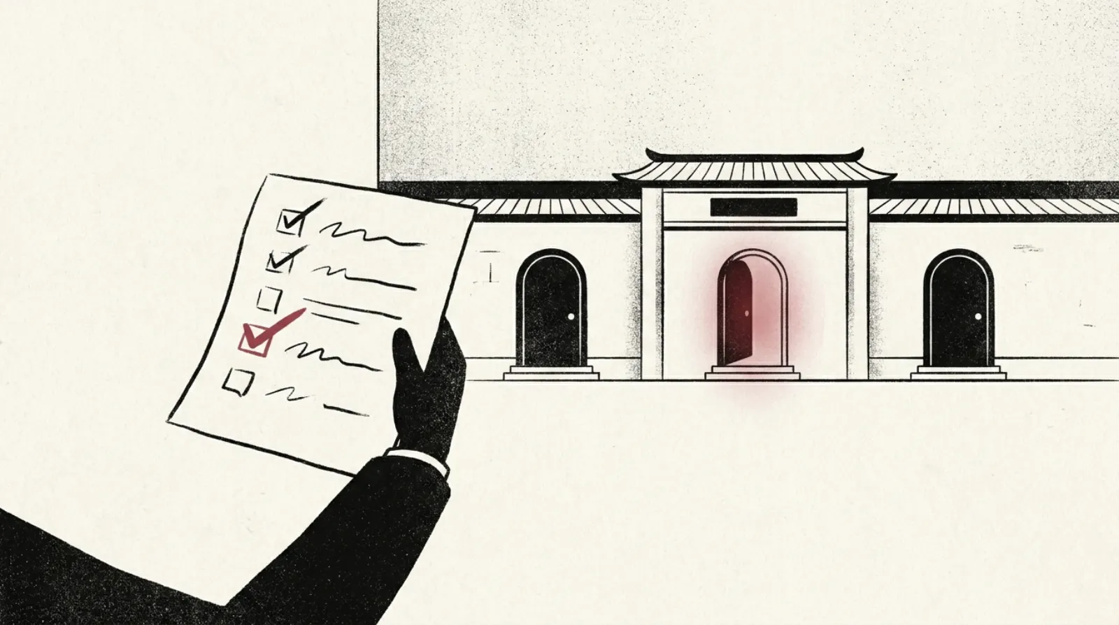 Ink-and-paper illustration of a row of gym doorways with one marked, representing choosing the right BJJ gym.