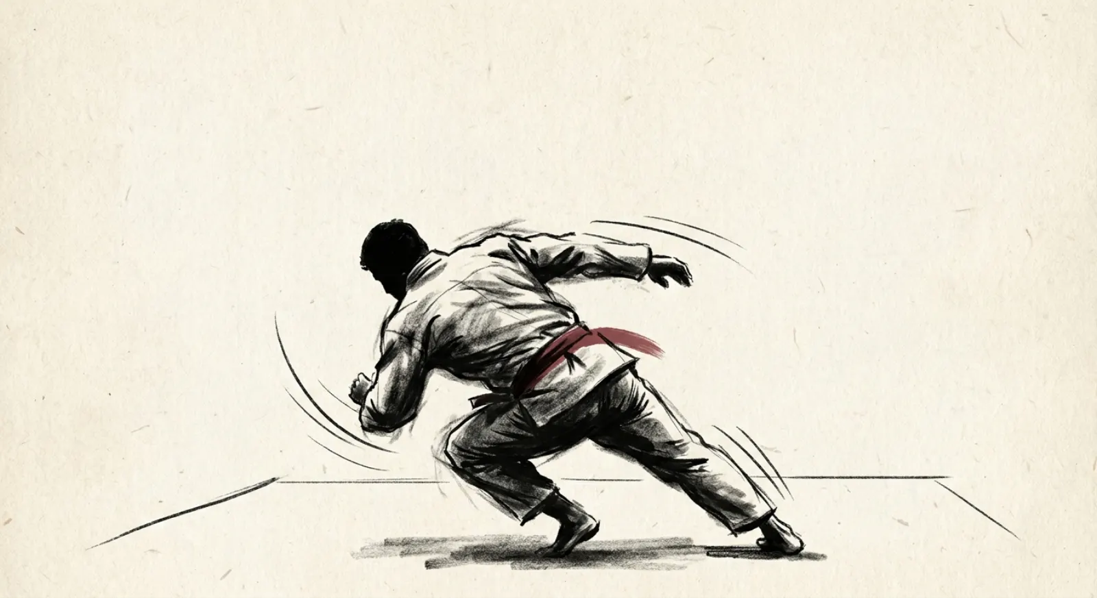 Ink-and-paper illustration of a jiu jitsu practitioner in a gi driving forward mid-drill, conveying the physical exertion of a BJJ workout.