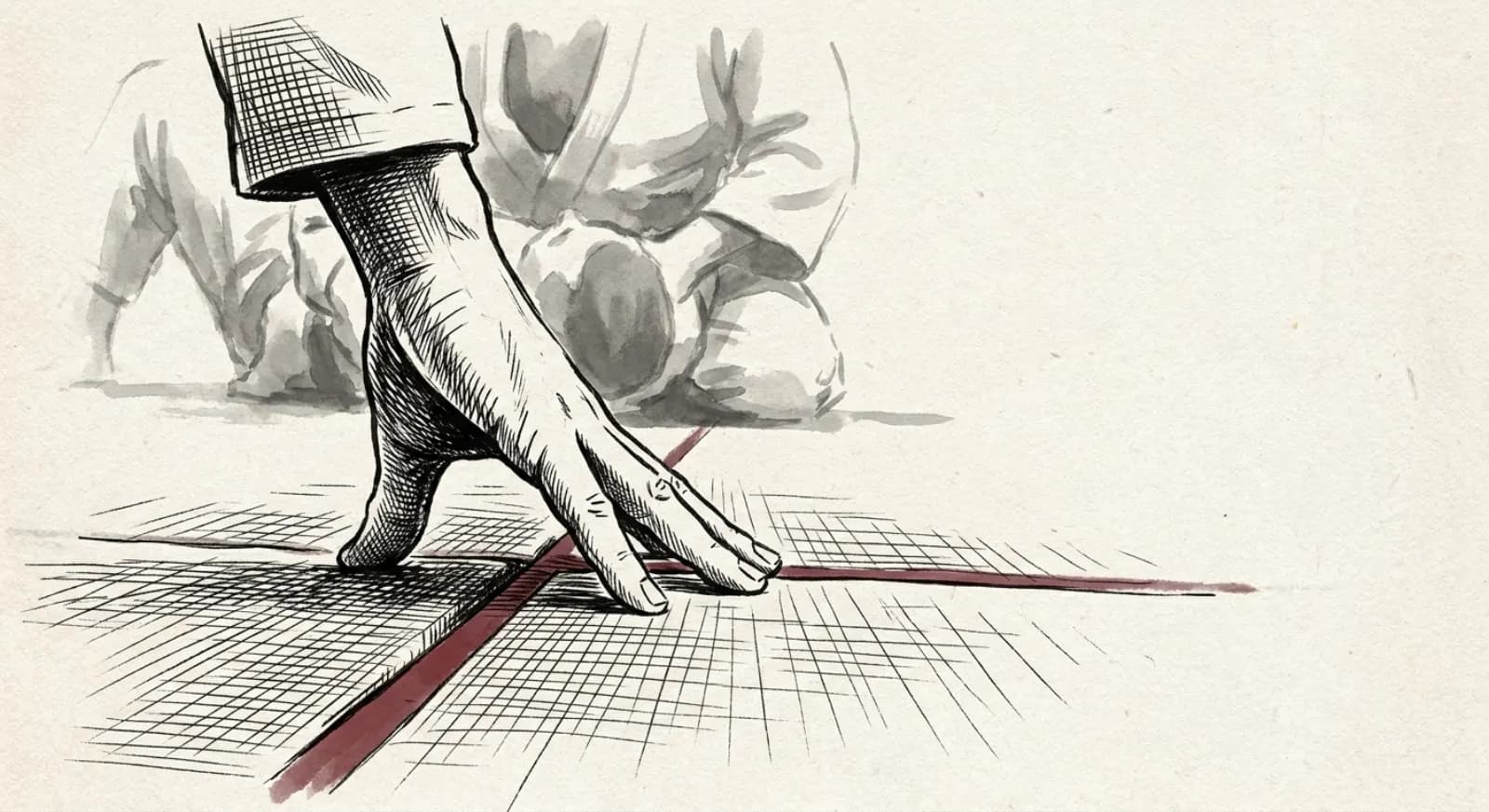 Ink illustration of an open hand tapping flat against a training mat, the moment a jiu jitsu round ends.