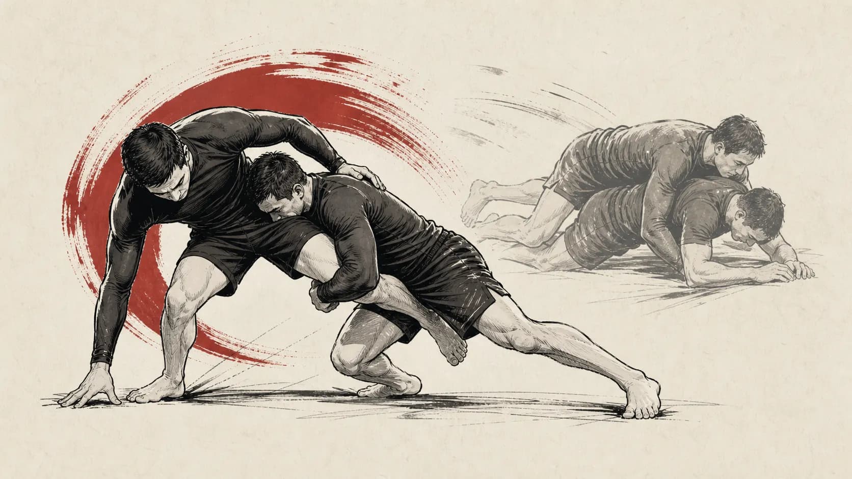 Editorial sequence of a controlled single-leg entry followed by top control on a grappling mat.