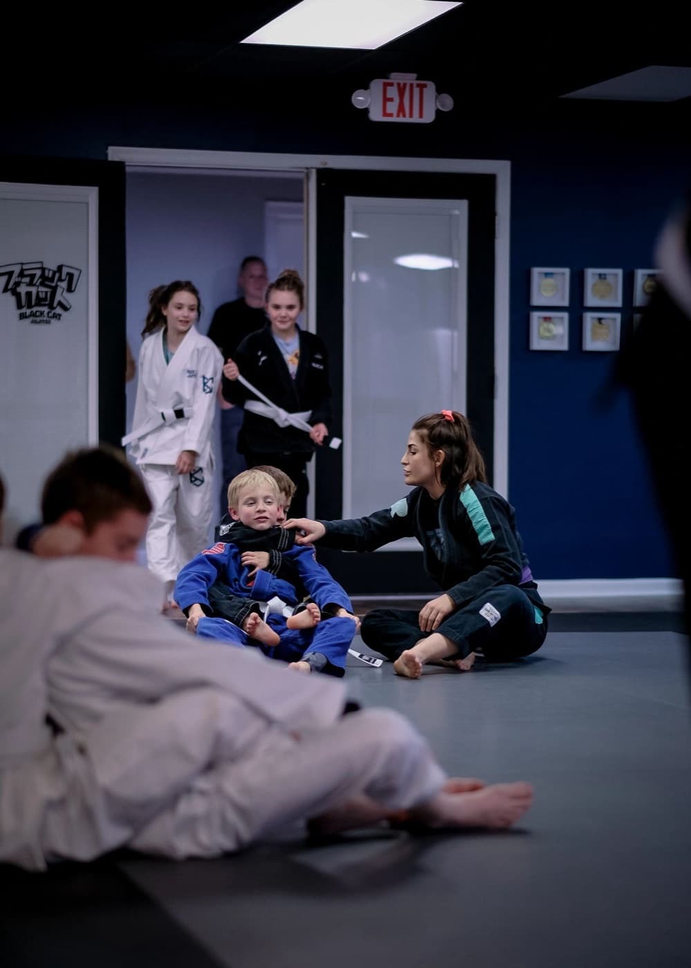Children training in a Black Kittens kids jiu jitsu class at Black Cat in Springfield, Virginia.